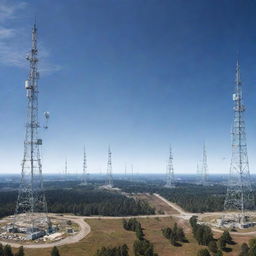 A futuristic vision of a telecommunications landscape with towering cell towers, fiber optic cables, and satellite dishes working together on a clear day.