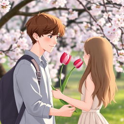 A 16-year-old teenager with brown hair delivering a single tulip to a girl