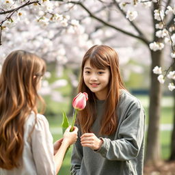 A 16-year-old teenager with brown hair delivering a single tulip to a girl