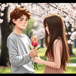 A 16-year-old teenager with brown hair delivering a single tulip to a girl