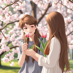 A 16-year-old teenager with brown hair delivering a single tulip to a girl