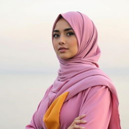 A beautiful and elegant Muslim woman, wearing a stylish and modest hijab, standing gracefully against a serene background