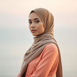 A beautiful and elegant Muslim woman, wearing a stylish and modest hijab, standing gracefully against a serene background