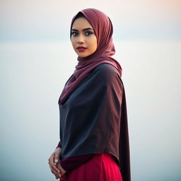 A beautiful and elegant Muslim woman, wearing a stylish and modest hijab, standing gracefully against a serene background