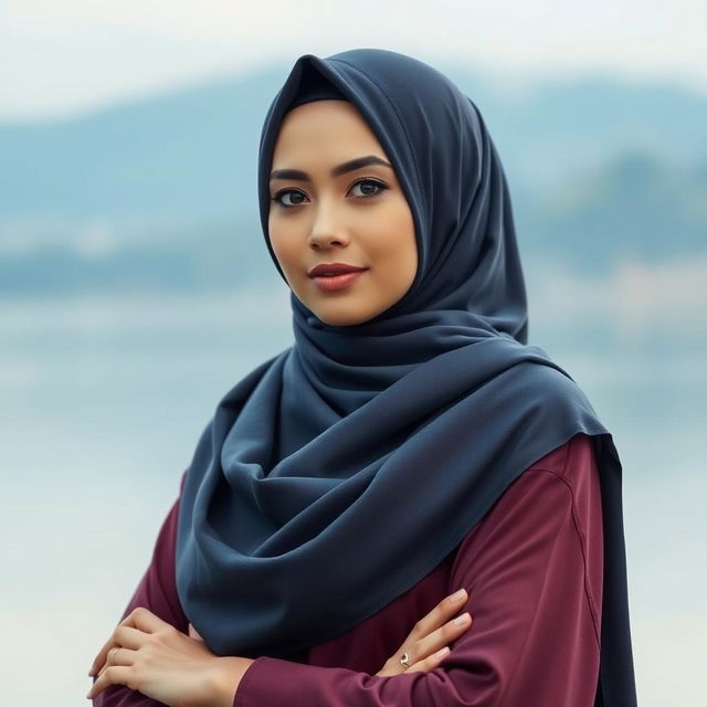 A beautiful and elegant Muslim woman, wearing a stylish and modest hijab, standing gracefully against a serene background
