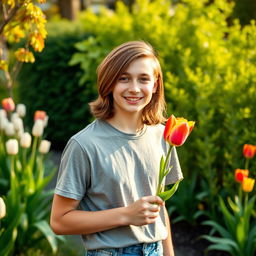 A teenager with brown hair holding a single tulip in his hand, standing in a beautiful garden