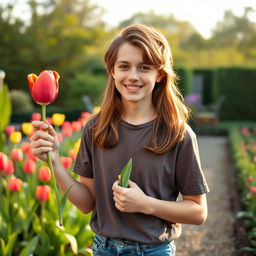 A teenager with brown hair holding a single tulip in his hand, standing in a beautiful garden