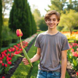 A teenager with brown hair holding a single tulip in his hand, standing in a beautiful garden