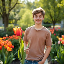 A teenager with brown hair holding a single tulip in his hand, standing in a beautiful garden