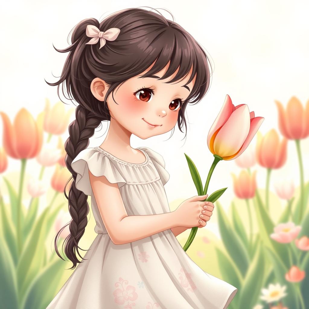 A young girl receiving a tulip, illustrated in a whimsical style perfect for a book cover