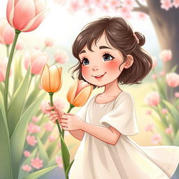 A young girl receiving a tulip, illustrated in a whimsical style perfect for a book cover