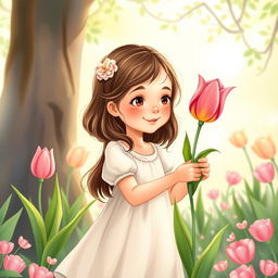 A young girl receiving a tulip, illustrated in a whimsical style perfect for a book cover