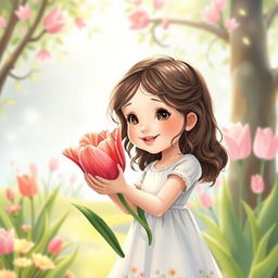 A young girl receiving a tulip, illustrated in a whimsical style perfect for a book cover