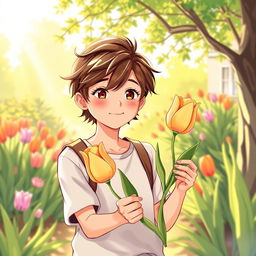 An illustration of a teenager receiving a tulip, designed for a book cover