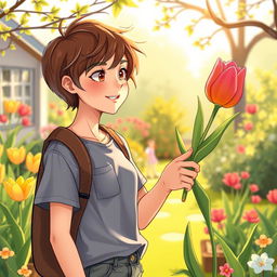 An illustration of a teenager receiving a tulip, designed for a book cover