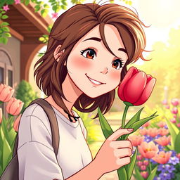 An illustration of a teenager receiving a tulip, designed for a book cover