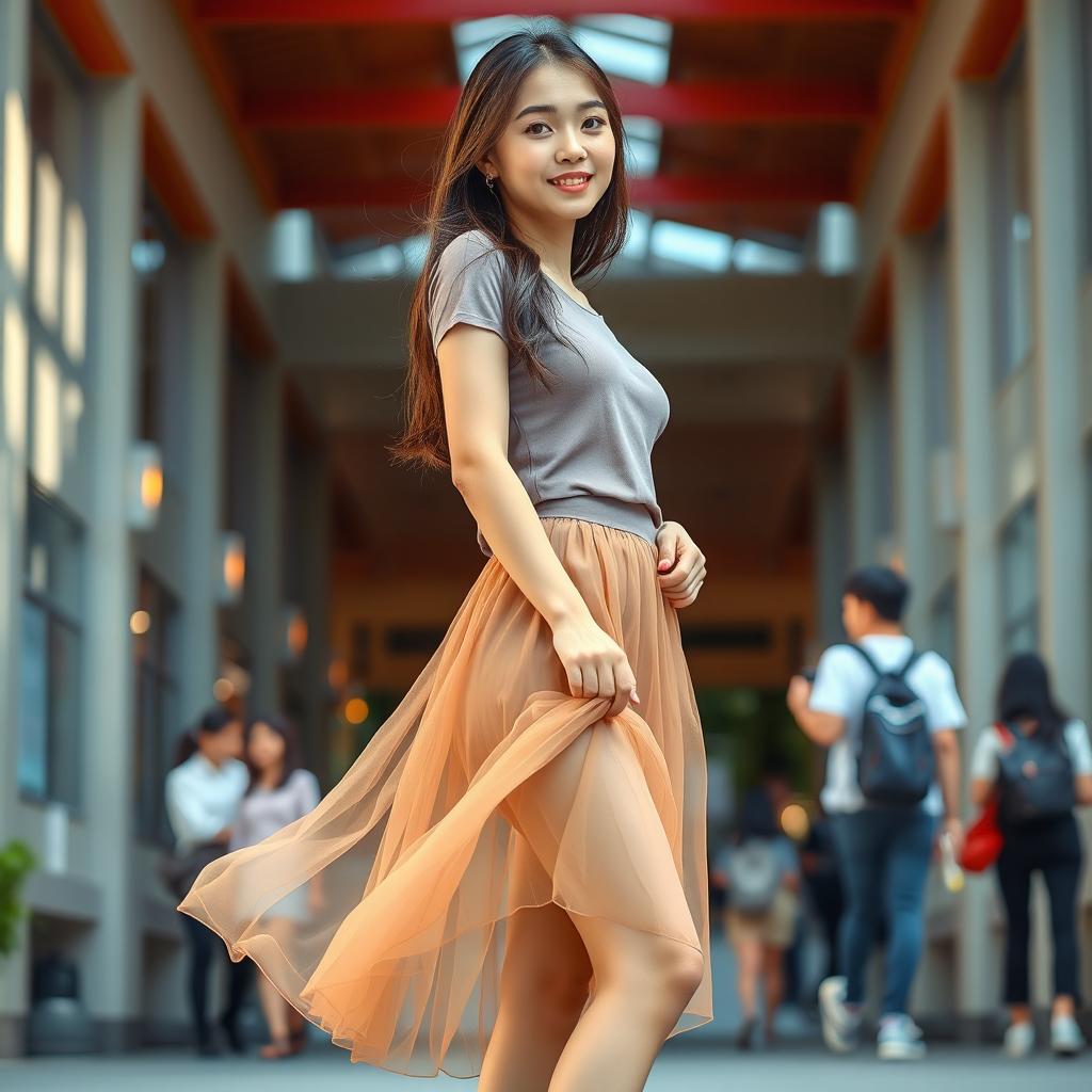 An Asian college girl set in a vibrant university campus atmosphere, showcasing her confident style