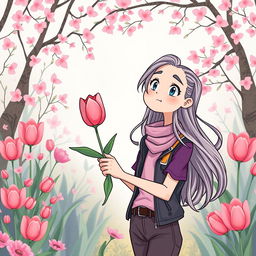 An illustration of a teenager with long hair receiving a tulip, crafted for a book cover