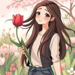 An illustration of a teenager with long hair receiving a tulip, crafted for a book cover