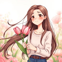 An illustration of a teenager with long hair receiving a tulip, crafted for a book cover