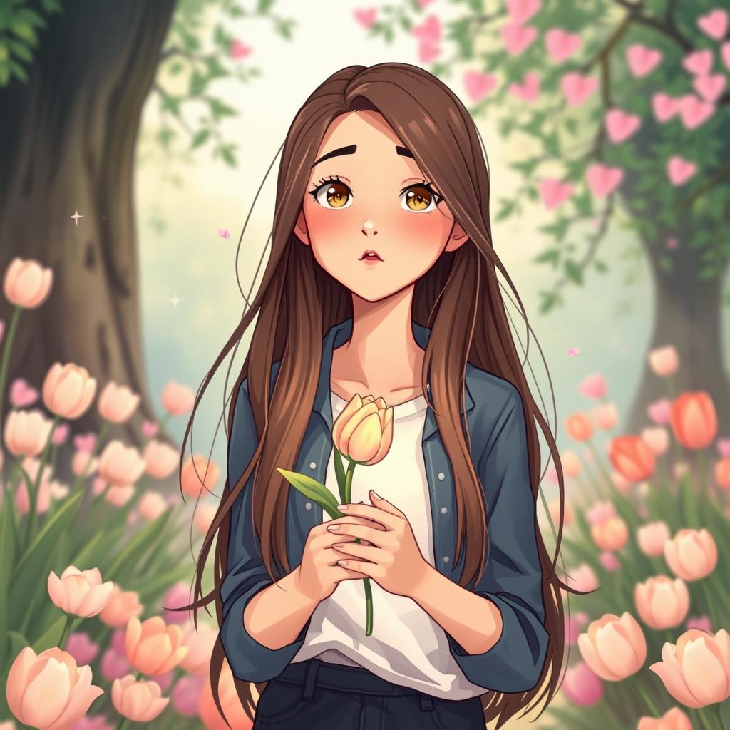 An illustration of a teenager with long hair receiving a tulip, crafted for a book cover