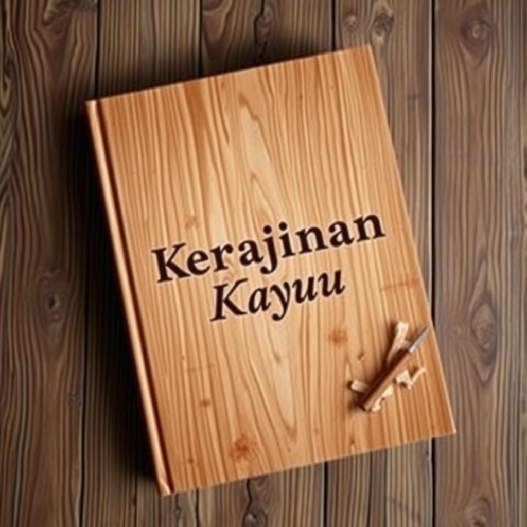 A book cover design with a wooden background, featuring the title 'Kerajinan Kayu'