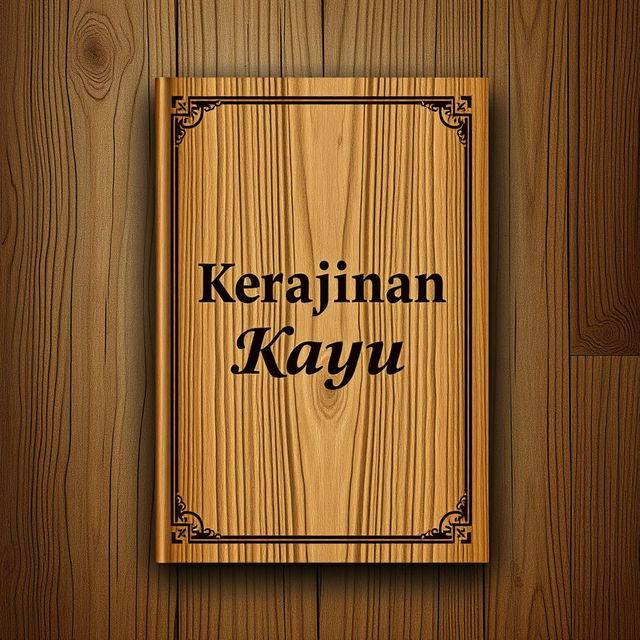 A book cover design with a wooden background, featuring the title 'Kerajinan Kayu'