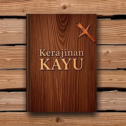 A book cover design with a wooden background, featuring the title 'Kerajinan Kayu'