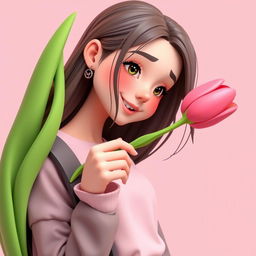 A 3D illustration featuring a teenager with long hair receiving a tulip, crafted for a book cover