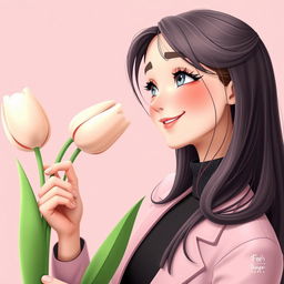 A 3D illustration featuring a teenager with long hair receiving a tulip, crafted for a book cover