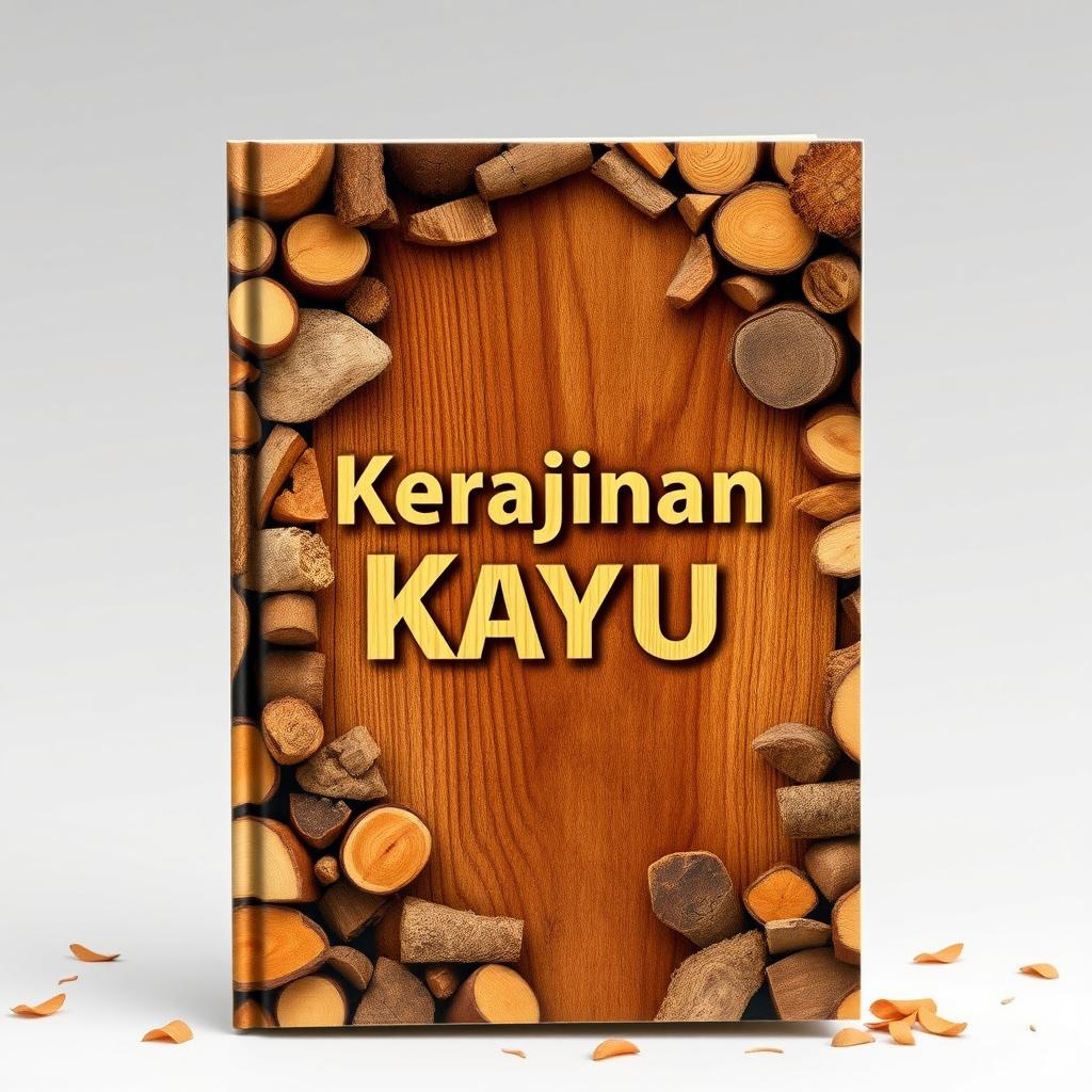 A book cover design with an abundant wooden backdrop, featuring the title 'Kerajinan Kayu'