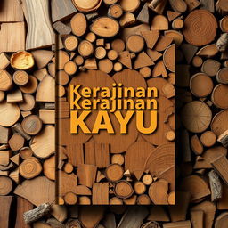 A book cover design with an abundant wooden backdrop, featuring the title 'Kerajinan Kayu'