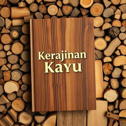 A book cover design with an abundant wooden backdrop, featuring the title 'Kerajinan Kayu'