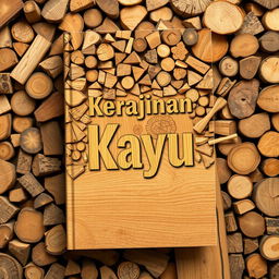 A book cover design with an abundant wooden backdrop, featuring the title 'Kerajinan Kayu'