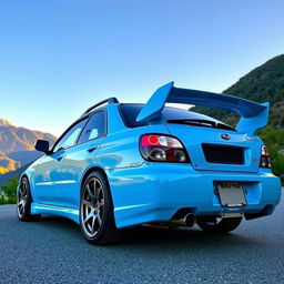 A baby blue 2001 Subaru WRX Bugeye with a roof rack, spoiler, and widebody kit