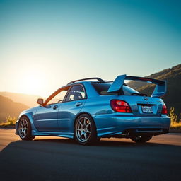 A baby blue 2001 Subaru WRX Bugeye with a roof rack, spoiler, and widebody kit