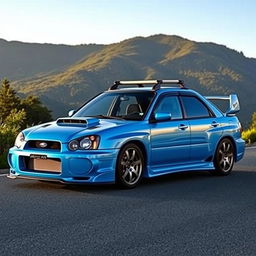 A baby blue 2001 Subaru WRX Bugeye with a roof rack, spoiler, and widebody kit