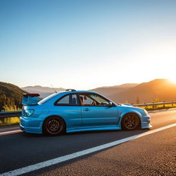 A baby blue 2001 Subaru WRX Bugeye with a roof rack, spoiler, and widebody kit