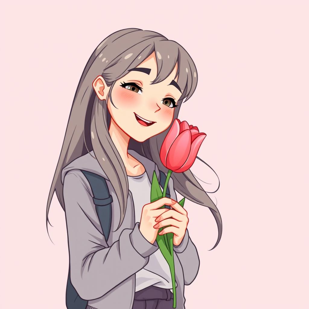 An illustration of a teenager with long hair receiving a tulip, crafted for a book cover