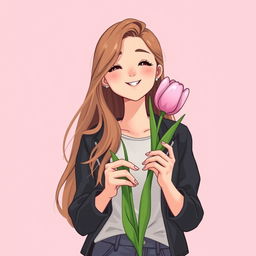 An illustration of a teenager with long hair receiving a tulip, crafted for a book cover