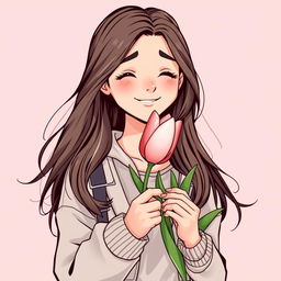 An illustration of a teenager with long hair receiving a tulip, crafted for a book cover