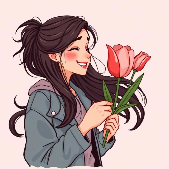 An illustration of a teenager with long hair receiving a tulip, crafted for a book cover