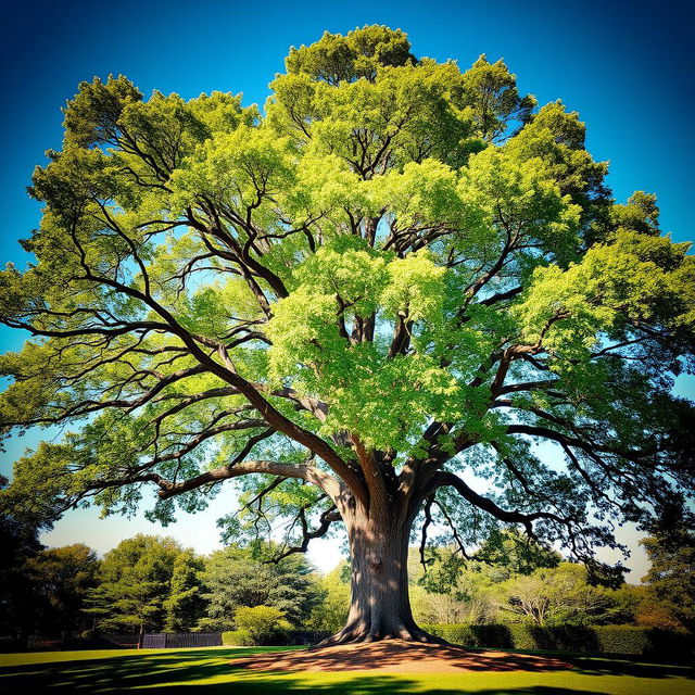 A beautiful and majestic tree standing alone, with a thick trunk and lush, green foliage