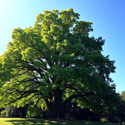 A beautiful and majestic tree standing alone, with a thick trunk and lush, green foliage