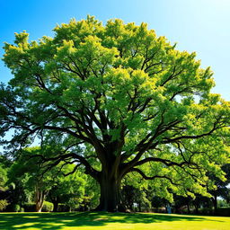 A beautiful and majestic tree standing alone, with a thick trunk and lush, green foliage