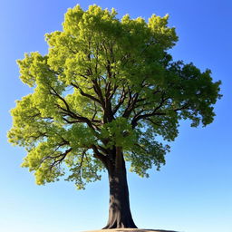 A beautiful and majestic tree standing alone, with a thick trunk and lush, green foliage