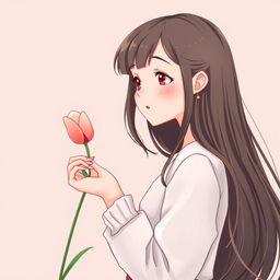 An illustration of a teenager with long hair receiving a small tulip, designed for a book cover