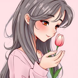 An illustration of a teenager with long hair receiving a small tulip, designed for a book cover