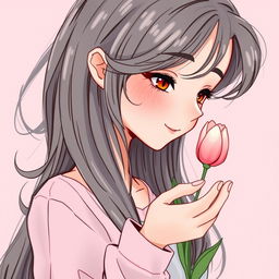 An illustration of a teenager with long hair receiving a small tulip, designed for a book cover