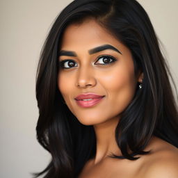 Portrait of a stunning Sri Lankan woman in her 30s with a round, attractive physique, emphasizing her confident and appealing bust